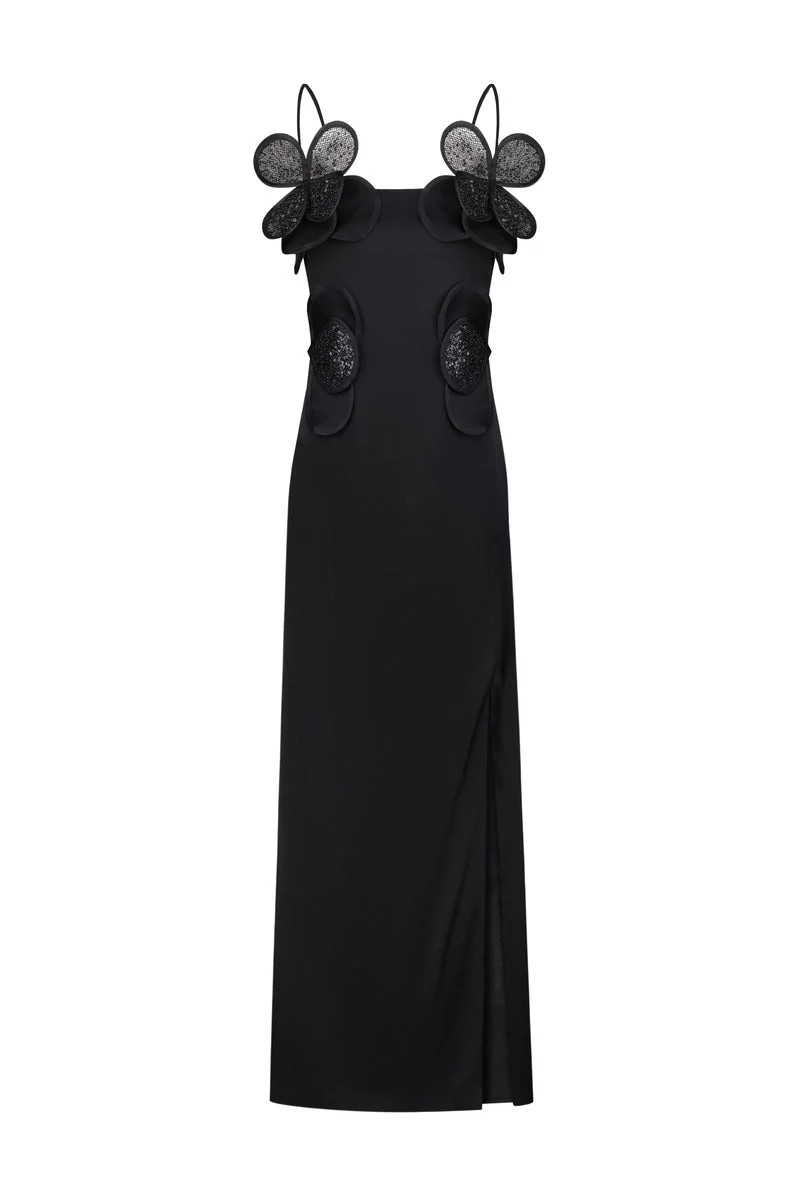 LONG-SILHOUETTE FLORAL APPLIQUÉ SHEATH DRESS IN BLACK | Malva Florea | CULT MIA | CULT MIA UK LTD