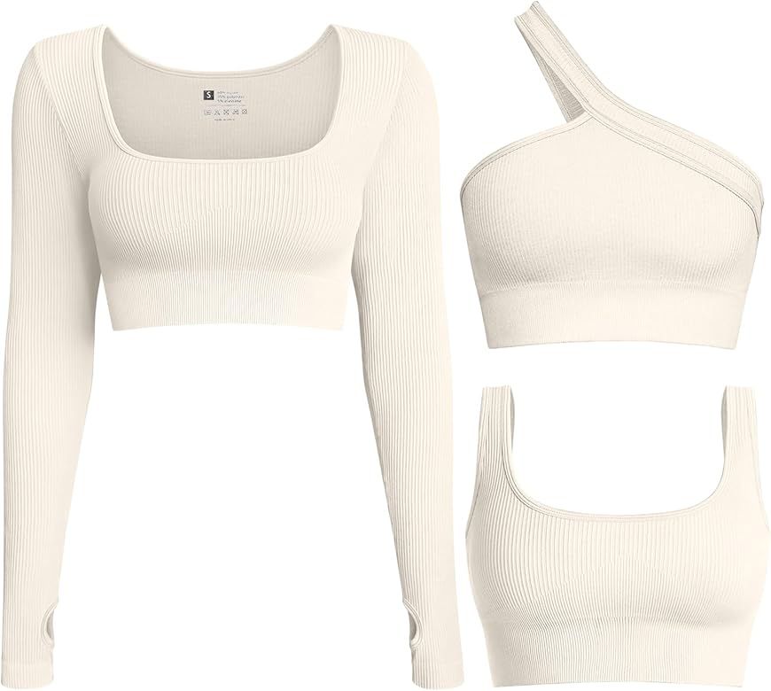 OQQ Women's 3 Piece Crop Tops Ribbed Long Sleeve Workout Tops One Shoulder Yoga Crop Top Exercise... | Amazon (US)