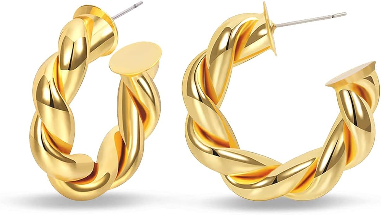 Twisted Chunky Hoop Earrings 14K Gold Plated Dainty Lightweight Hypoallergenic Open Hoops Earring... | Amazon (US)