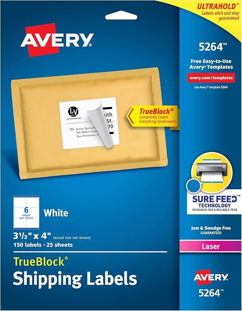 Avery Printable Shipping Labels with Sure Feed, 3-1/3" x 4", White, 150 Blank Mailing Labels (526... | Amazon (US)