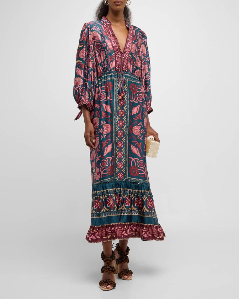Farm Rio Seashell Tapestry Printed 3/4-Sleeve Maxi Dress | Neiman Marcus