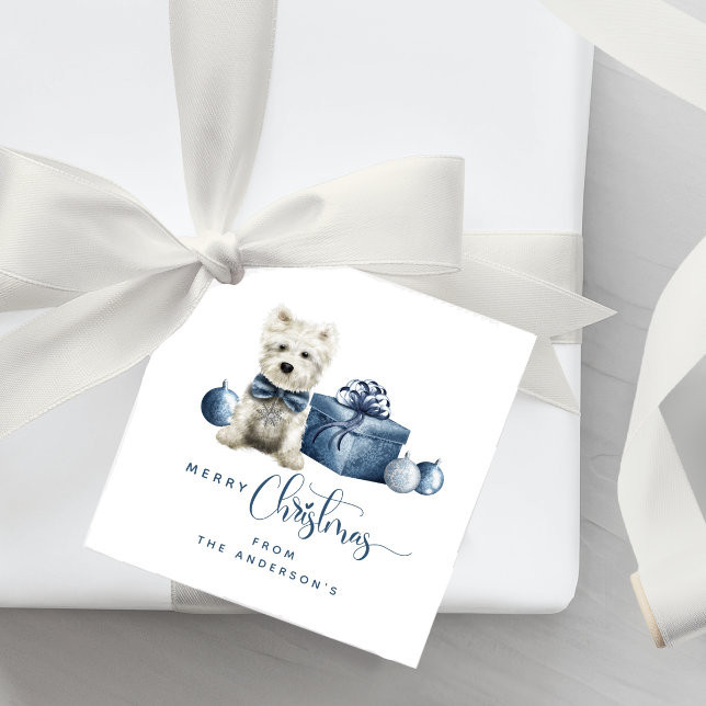 Merry Christmas Blue, White, Silver Festive Puppy Favor Tags | Zazzle | Zazzle