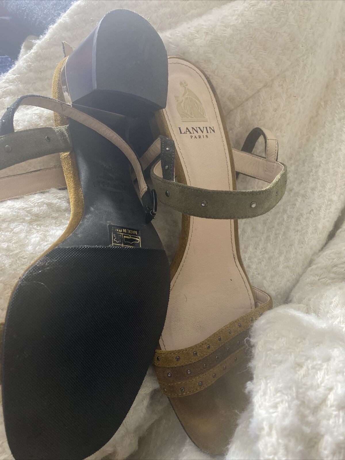 Lanvin Camel And Olive suede Mini Studded Sandals Med Heel Shoes Size 38 1/2 | eBay US