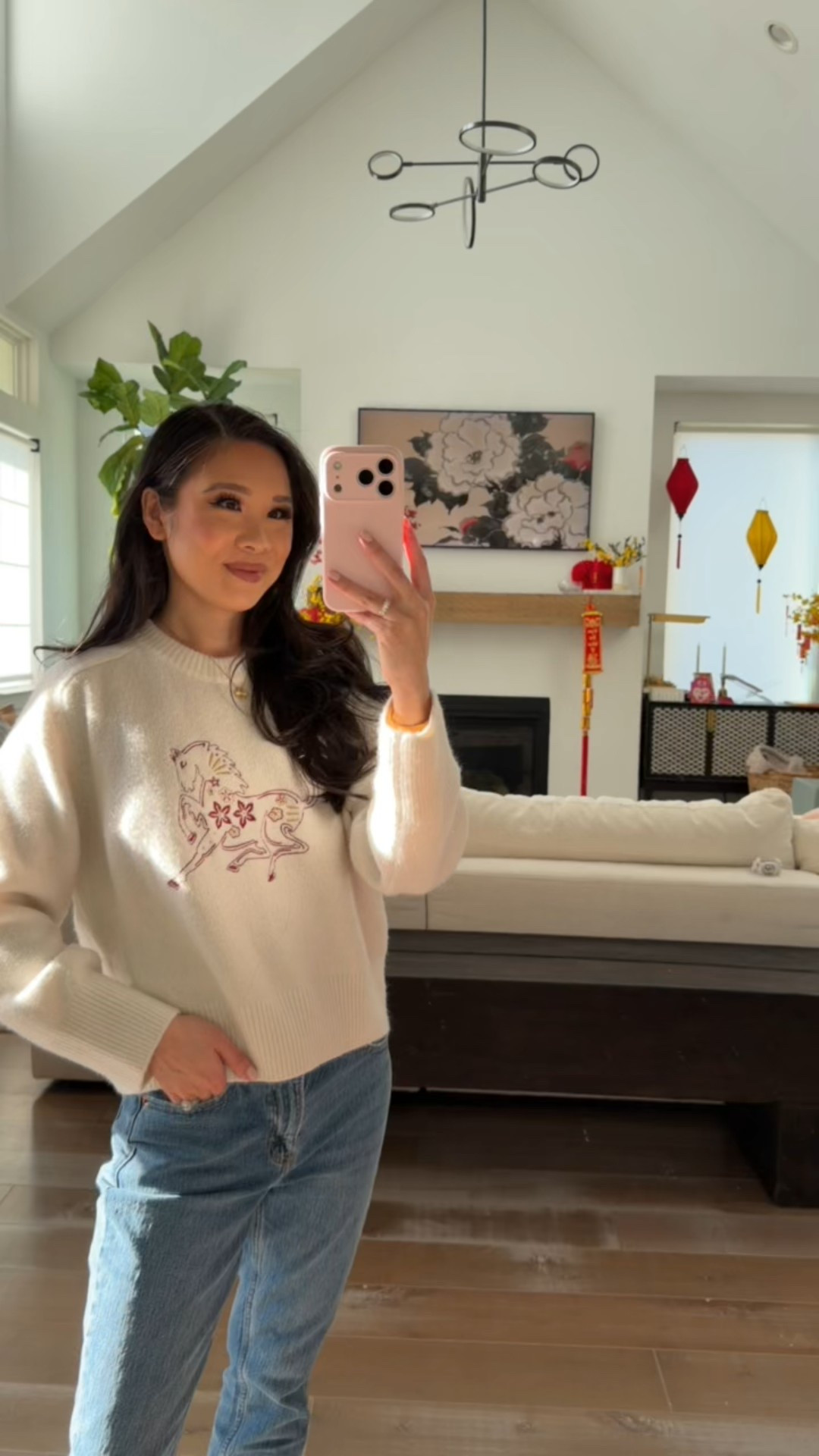 Lunar new year season outfit with firehorse crew sweater styled with skinny modern jeans in size 25 short. Love that it can also be worn beyond Lunar New Year, too  

#LTKSeasonal #LTKootd