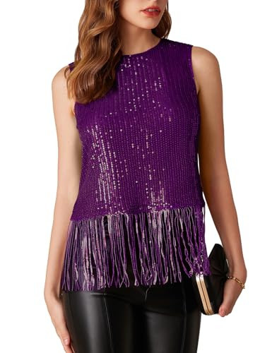 Trendy Fringe Sequin Tops for Women Sleeveless Sparkly Tank Tops Glitter Crop Crewneck Cocktail Shirts Cami Purple 2XL | Amazon (US)