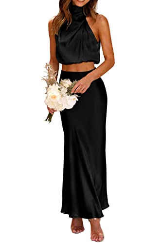 PRETTYGARDEN Women's 2 Piece Satin Outfits Summer Sleeveless Mock Neck Crop Tops and Long Skirt D... | Amazon (US)