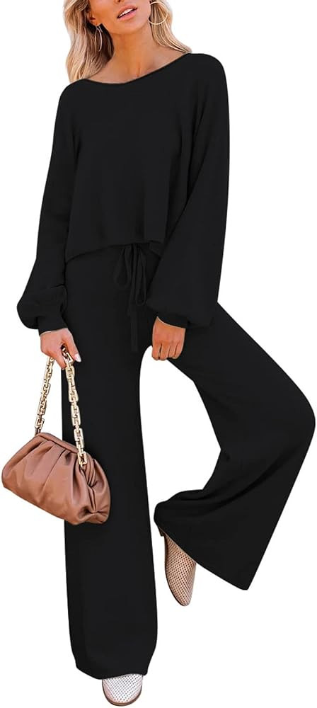 Amazon.com: Pink Queen Women's 2 Piece Knit Outfit Crop Pullover Sweater Top and Wide Leg Long Pa... | Amazon (US)