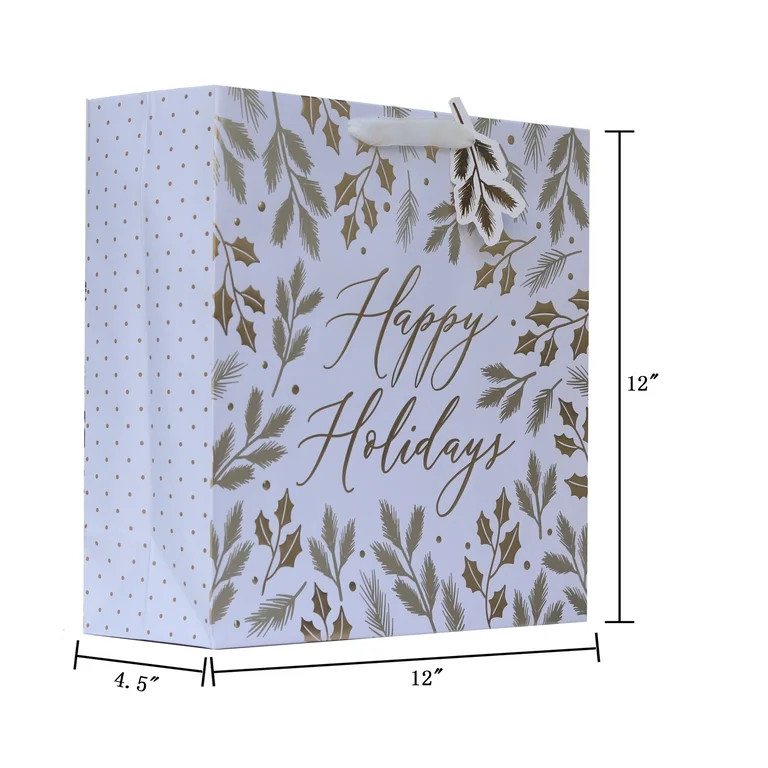 Large White and Gold Happy Holidays Christmas Paper Gift Bag, 12" x 4.5" x 12", by My Texas House | Walmart (US)