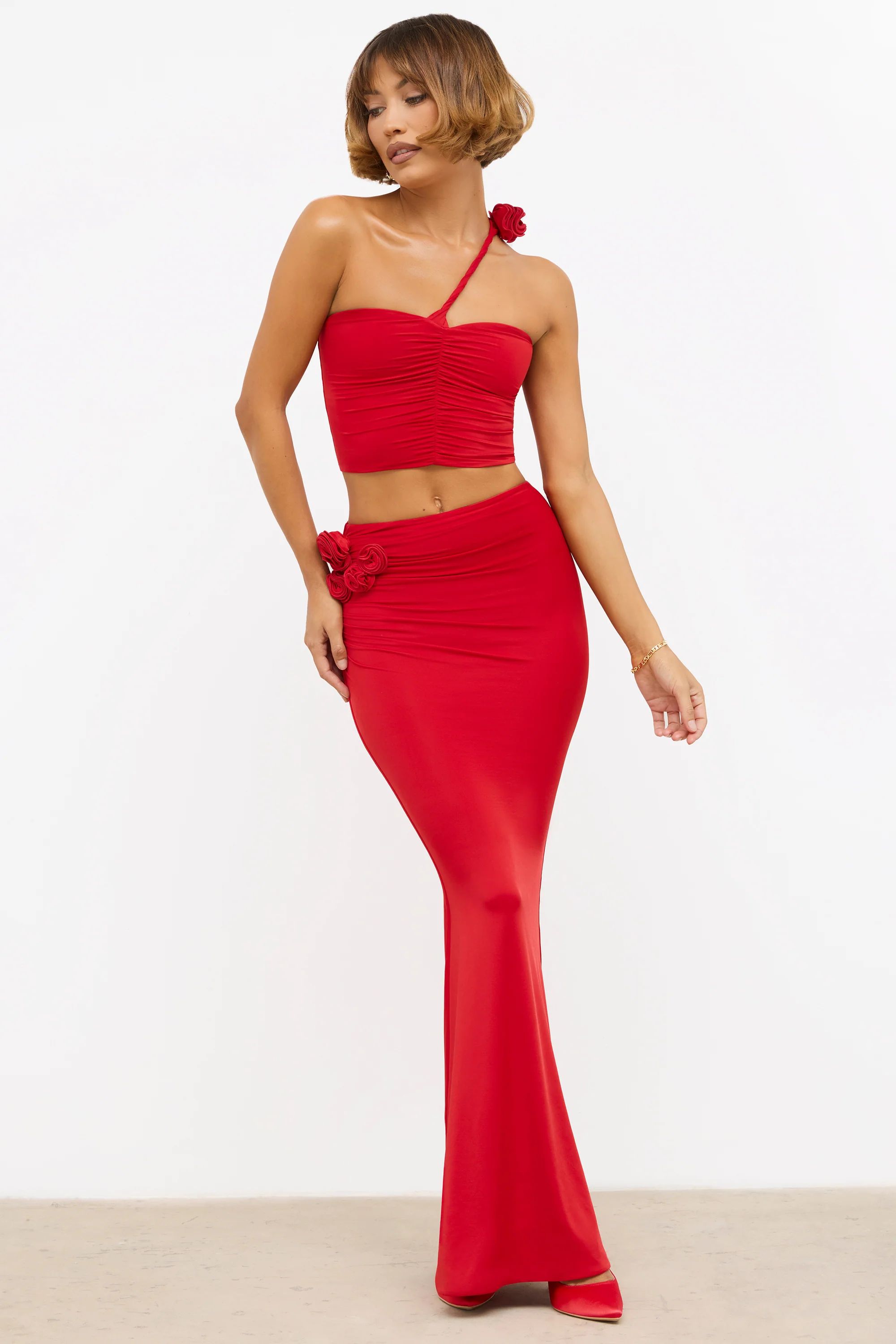 Slinky Jersey Rose Detail Mid-Rise Maxi Skirt in Scarlet Red | Oh Polly
