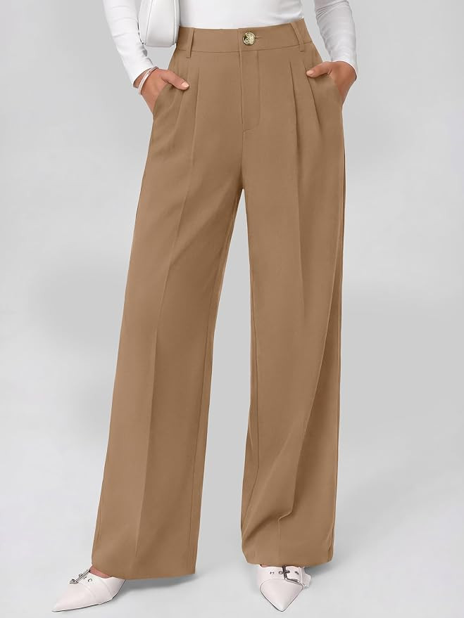 KIRUNDO Fall Wide Leg Pants Woman Flowy High Waisted Slacks with Pockets | Amazon (US)