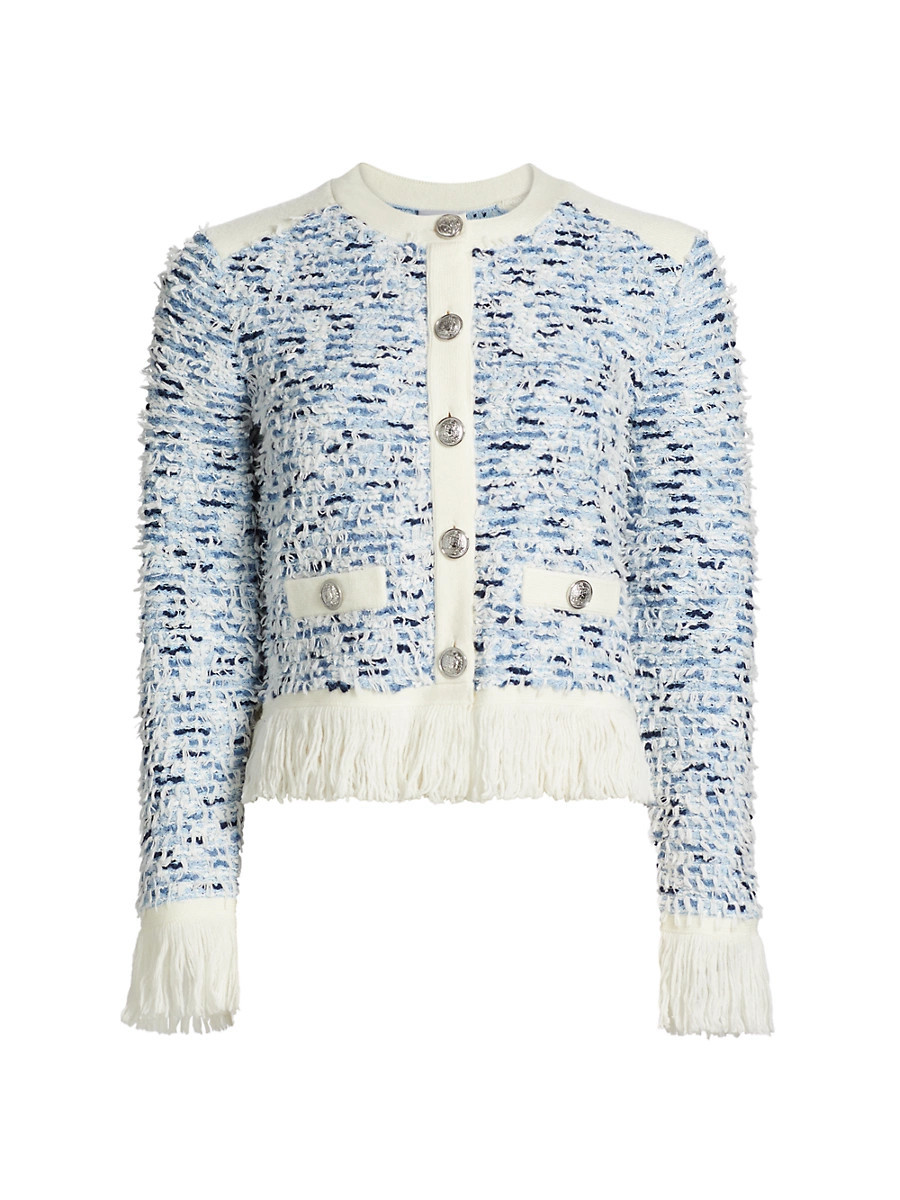 Women's Fringe-Trimmed Tweed Cardigan Jacket - Blue Multi - Size XS | Saks Fifth Avenue