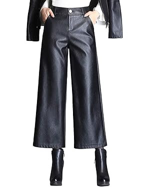 HaoMay Women's High Waist Wide Leg PU Faux Leather Cropped Pants Culottes | Amazon (US)