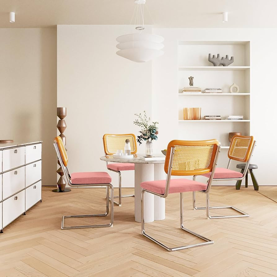 Mid Century Modern Dining Chairs Set of 4, Velvet Rattan Dining Room Chairs with Metal Chrome Leg... | Amazon (US)