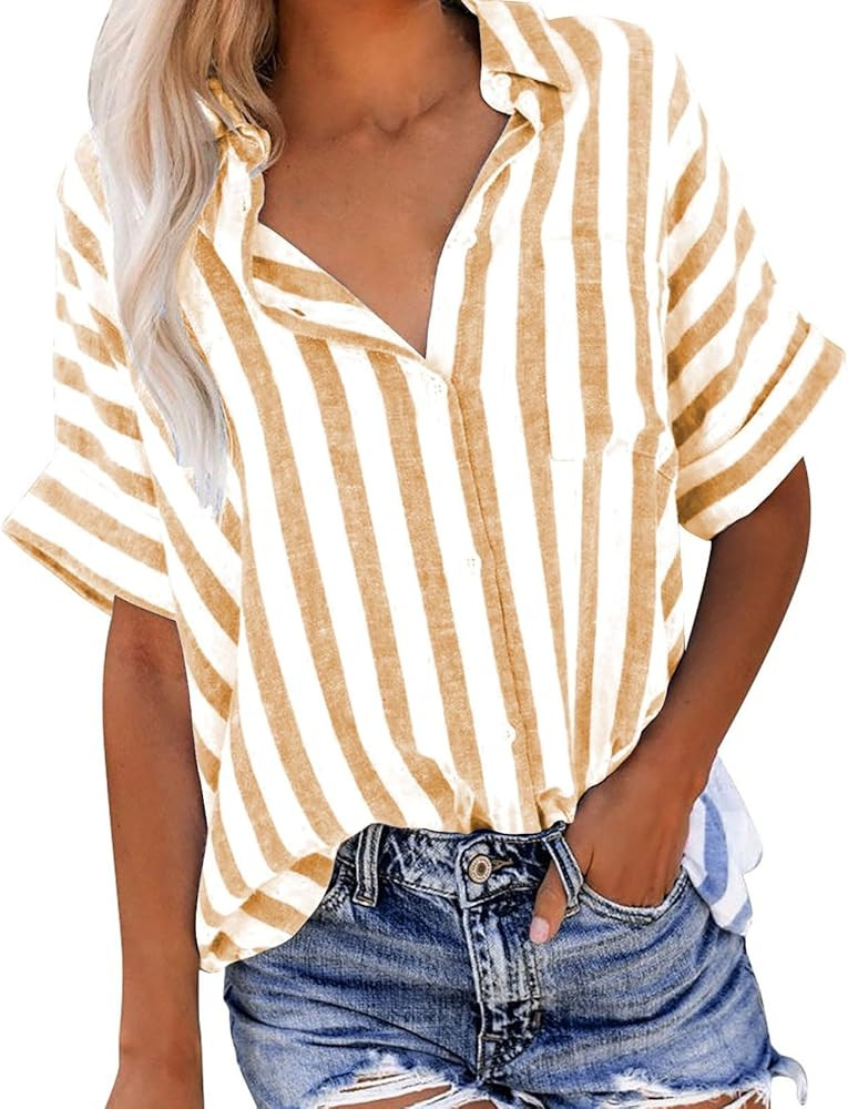 Women Striped Button Down Shirts Cotton Linen Blouse Tops Short Sleeve Collar Guaze Shirt Trendy ... | Amazon (US)