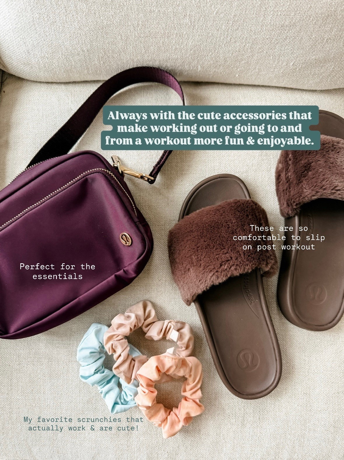 A few of my favorite workout accessories - a belt bag to pack essentials, slides to slip on after or if you workout at a Pilates/yoga studio, and scrunchies that I use to tie back my hair!

Loverly Grey, lululemon, activewear, scrunchies, slides, belt bag 

#LTKActive