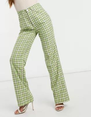 ASOS DESIGN high waist flared pants in lime green check | ASOS (Global)