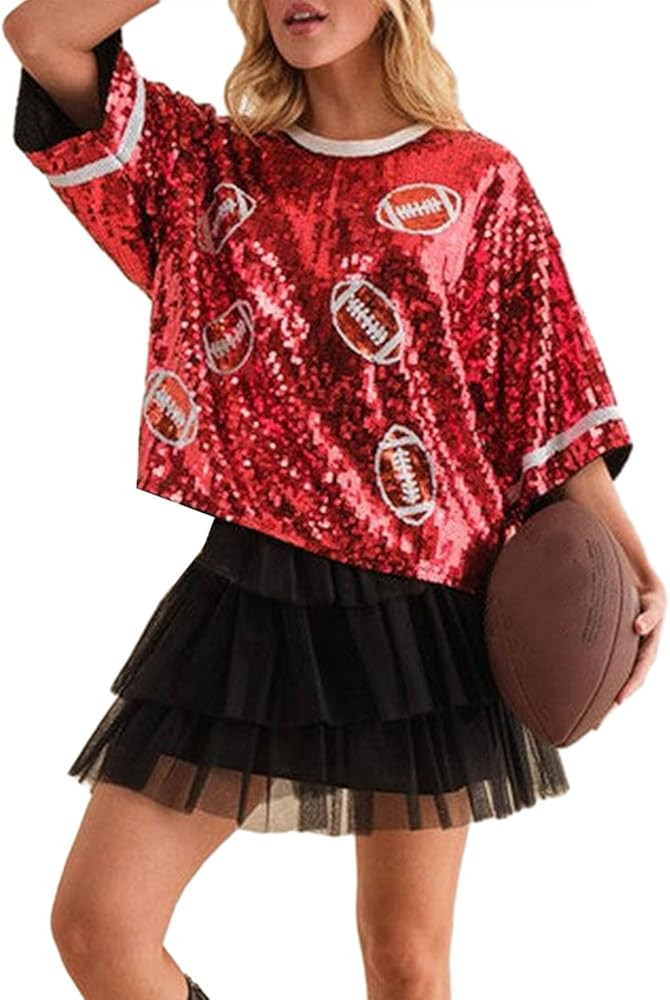 Womens Football Sequin T-Shirt Crewneck Rugby Sparkle Tops Short Sleeve Game Day Glitter Shirt Bl... | Amazon (US)