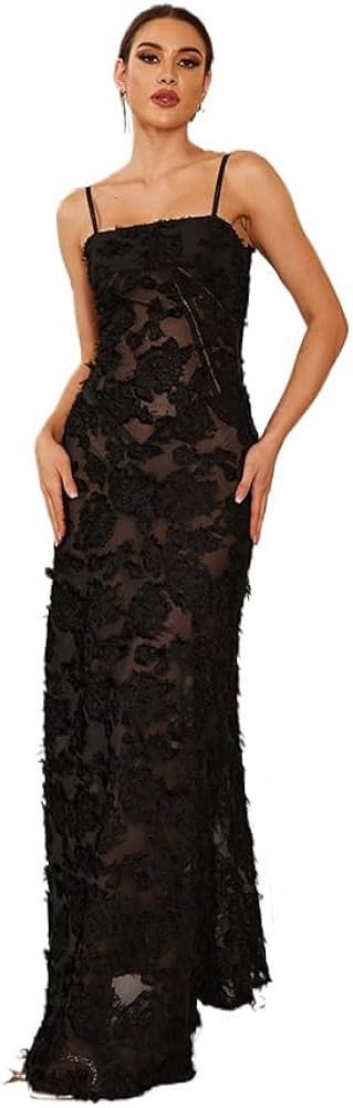 Elegant Black Lace Spaghetti Strap Maxi Evening Dress | Amazon (US)