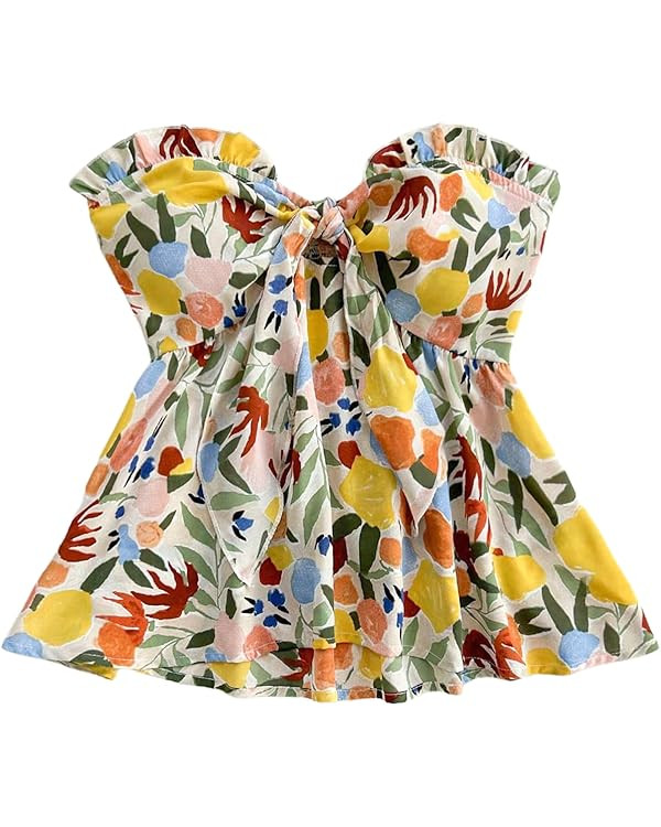 Floerns Women's Plus Size Floral Sleeveless Bandeau Tie Front Ruffle Hem Tube Strapless Tops | Amazon (US)
