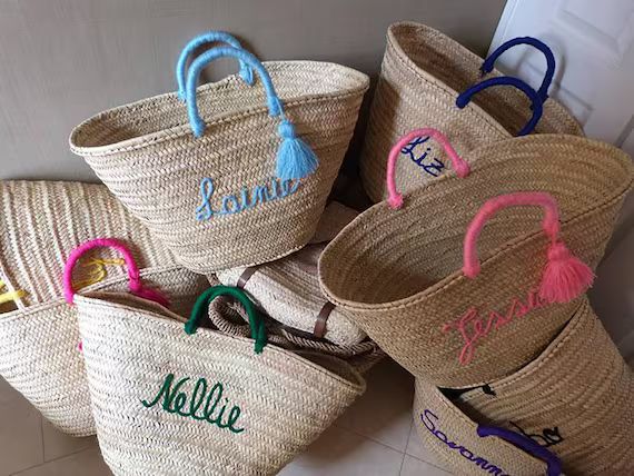 monogrammed baskets, Straw Bag with Natural Leather Handle, Personalized Wedding gift, customized... | Etsy (US)
