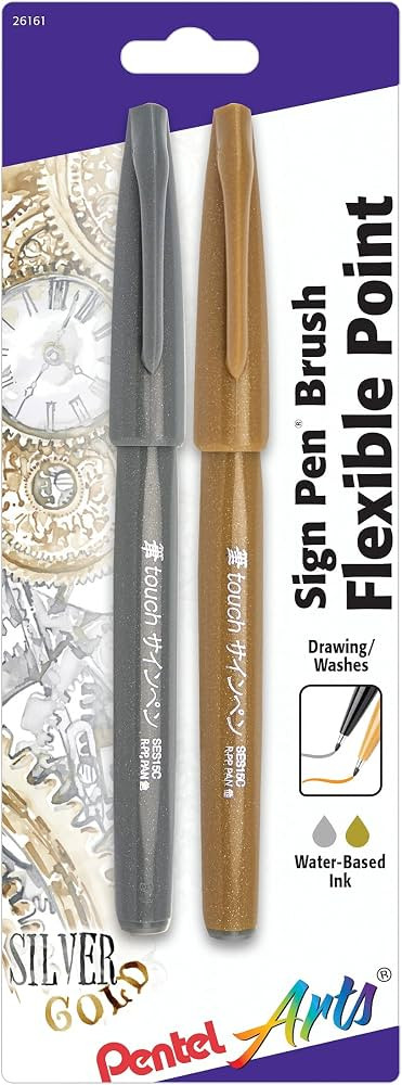 Pentel Arts Sign Pen Touch, Fude Brush Tip, Gold/Silver, Pack of 2 (SES15CBPXZ) | Amazon (CA)