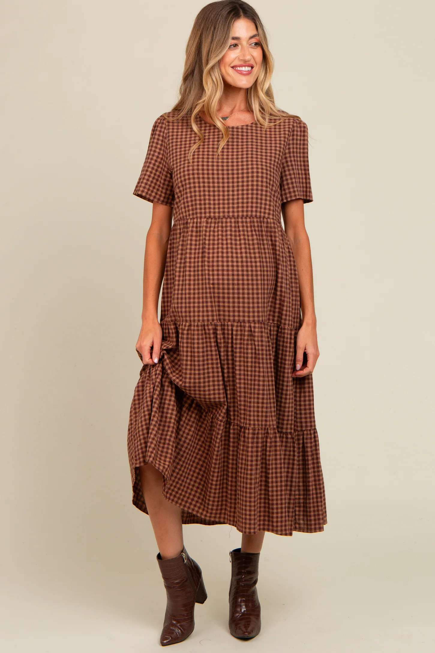 Mocha Gingham Tiered Maternity Midi Dress | PinkBlush Maternity