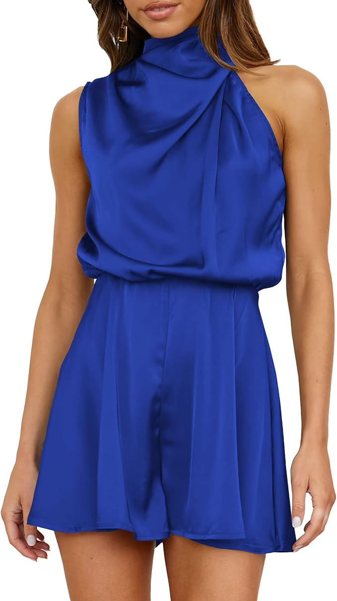 BTFBM Women's Mock Neck Summer Romper Satin Sleeveless Elastic Waist Casual Beach Party One Piece... | Amazon (US)