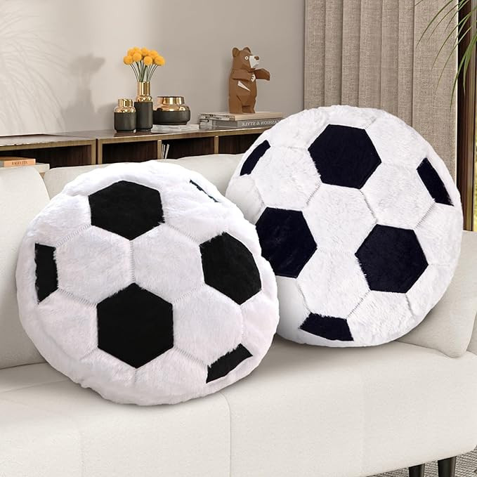 2 Pcs Soccer Pillow, Soft Fluffy Round Cushion Soccer Shaped Throw Pillows, Sports Theme Plush Pi... | Amazon (US)
