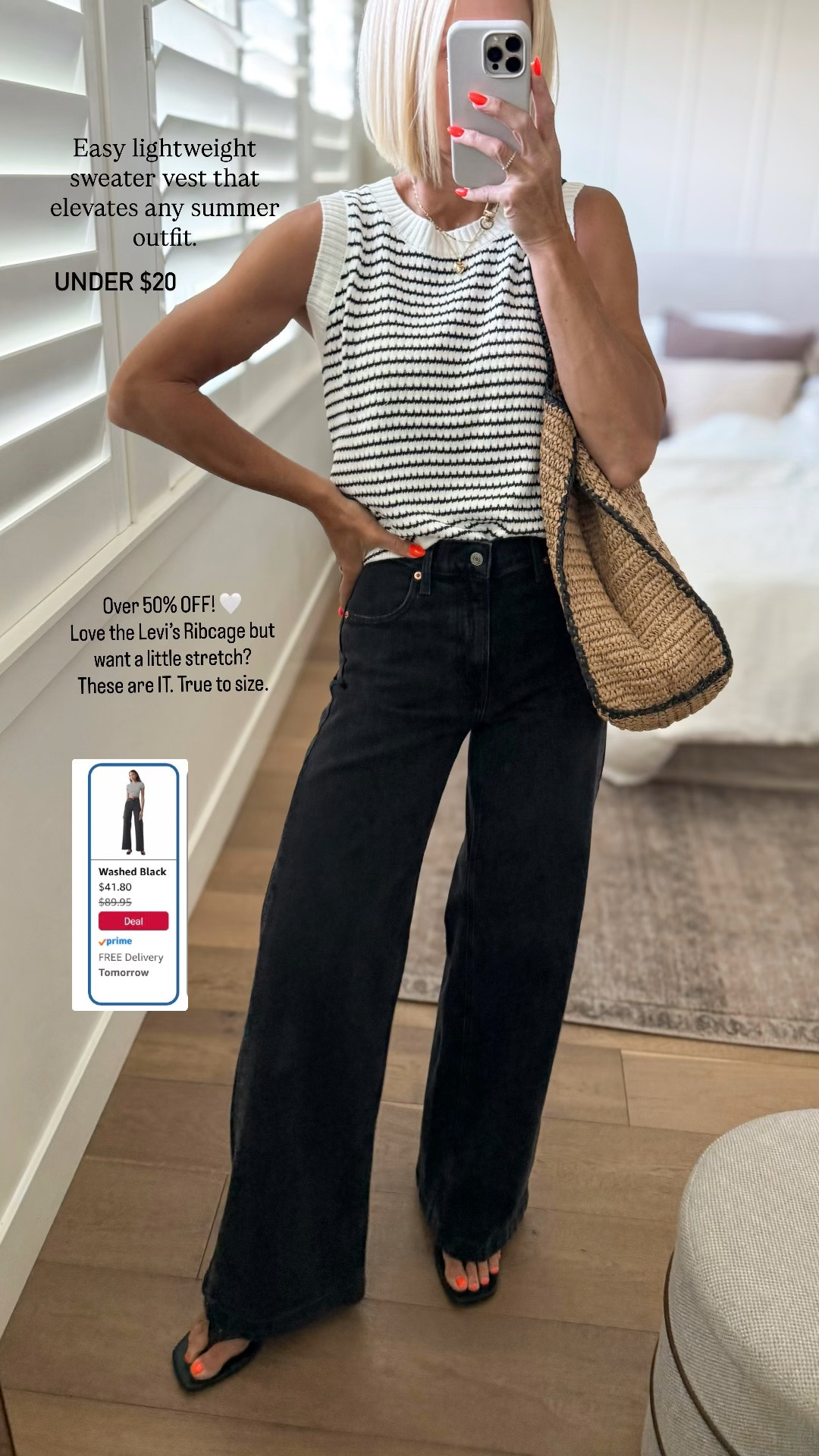 Amazon prime day deals too good to pass— a classic lightweight sweater vest (wearing apricot and black color way) and flattering wide leg jeans that remind me of the Levi’s rib cage, but with a little stretch. Several inseam options and you will never see a price this good.. they fit true to size I’m wearing 27 long ￼

#LTKmomlife #LTKOver40 #LTKSaleAlert