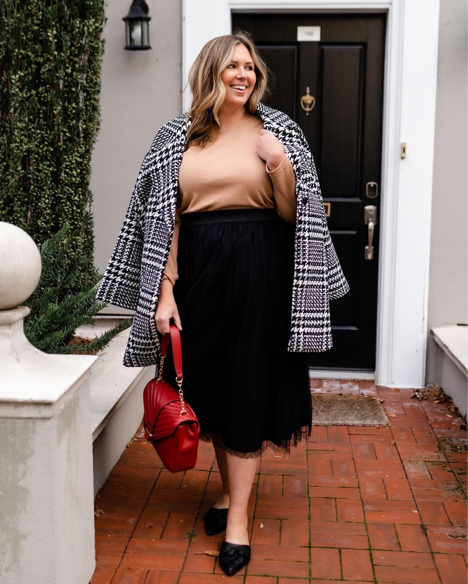 Love this outfit for work, or any occasion over the holidays! This plus size tulle skirt in black is so classic. Love the ribbed tan top, the classic pointed flats are everything! This houndstooth winter coat is beautiful and I love it so much! Red handbag is classic! All from Walmart! 

#LTKworkwear #LTKcurves #LTKCyberweek