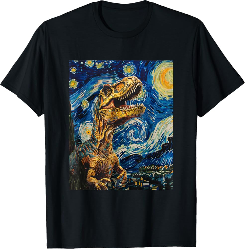 Trex Dinosaur Dino Van Gogh Style Starry Night Funny Graphic T-Shirt | Amazon (US)