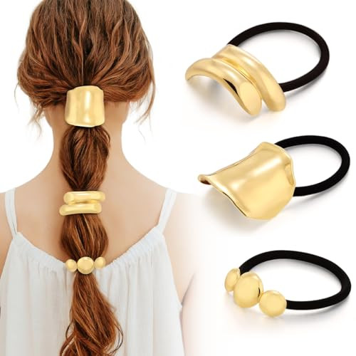 3PCS Gold Hair Ties, Metal Hair Ties for Thick Hair, Gold Ponytail Cuff Elastic Hair Ties for Women, Geometric Hair Ties No Damage, Gold Hair Accessories for Valentine's Day Holiday Gifts | Amazon (US)