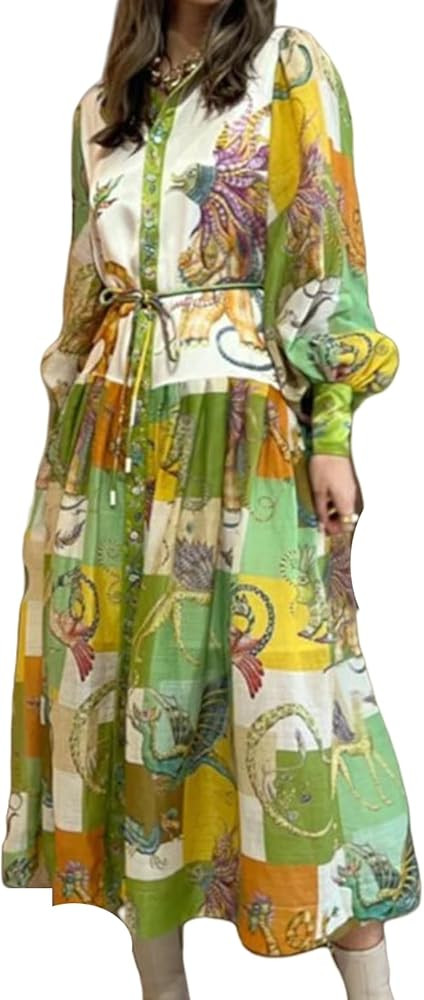 Women's Vintage Graffiti Maxi Dress with Belt, Long Sleeve Shirt Collar Swing Dress Pleated Ball ... | Amazon (US)