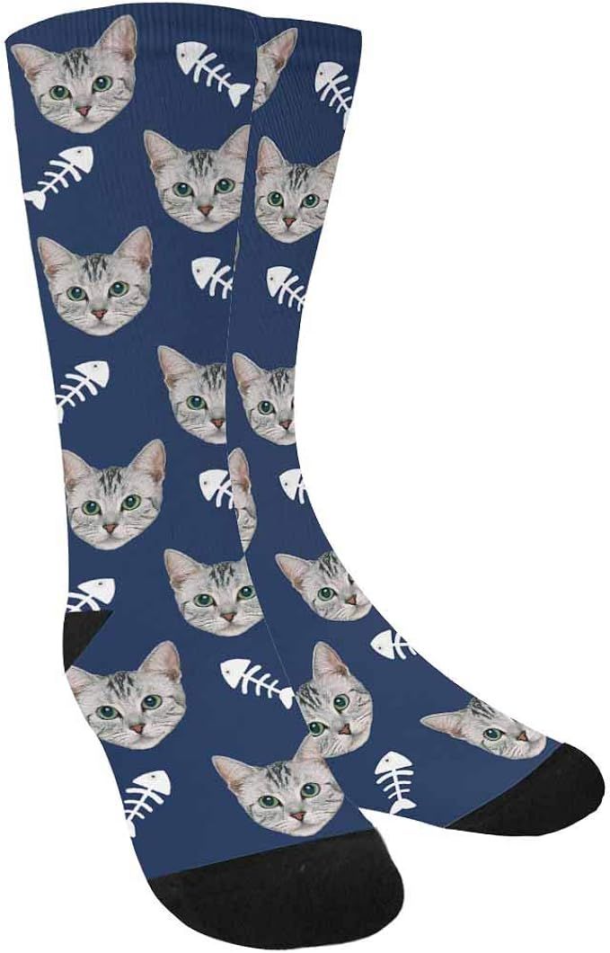Custom Personalized Photo Pet Face Socks, Fish Bones, Cat and Dog Tracks Paws Crew Socks with Pic... | Amazon (US)