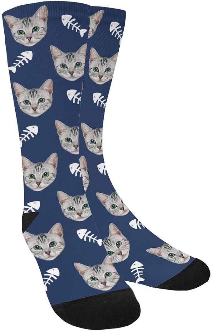 Custom Personalized Photo Pet Face Socks, Fish Bones, Cat and Dog Tracks Paws Crew Socks with Pic... | Amazon (US)