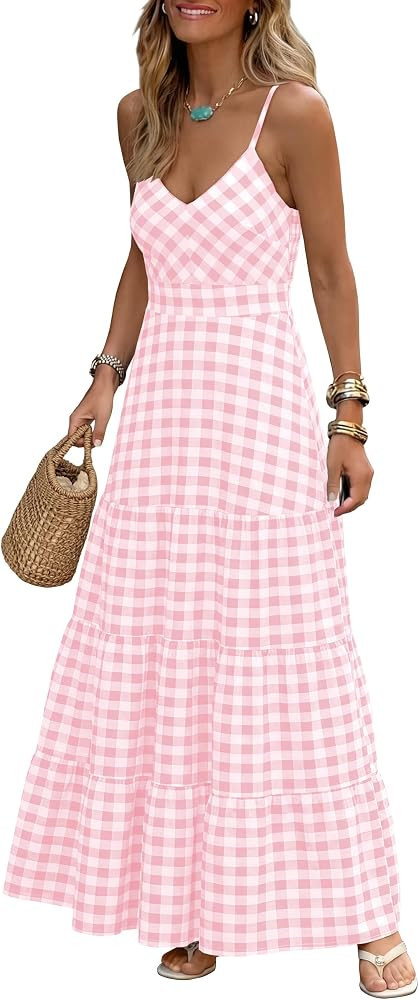 Caracilia Summer Maxi Dresses for Women Spaghetti Strap Back Smocked A Line V Neck Casual Long Dr... | Amazon (US)