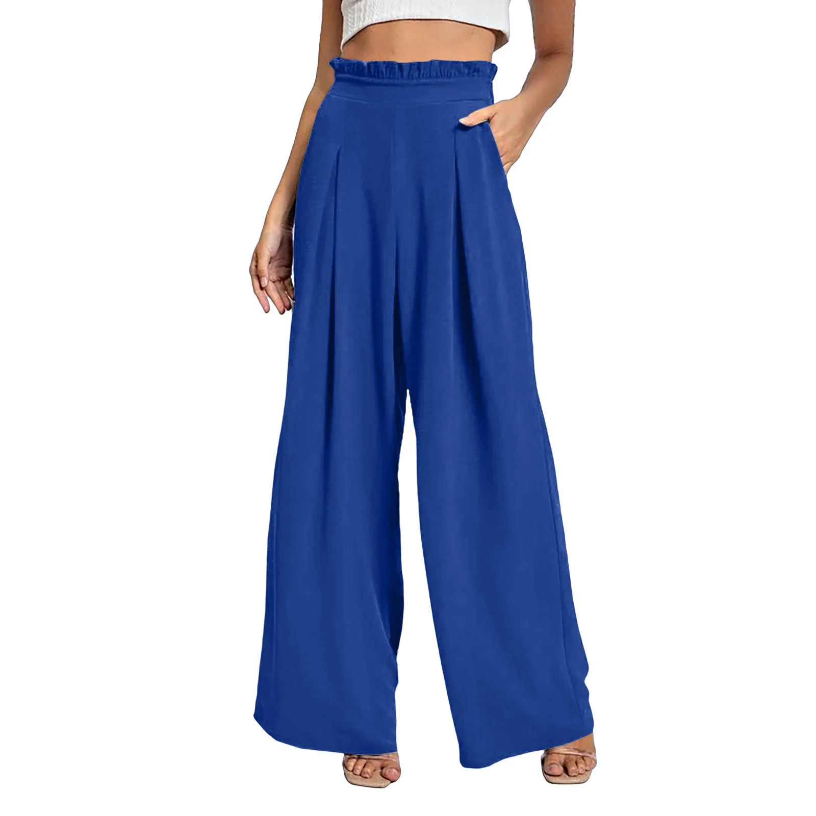 KyCheLot Casual Work Pants for Women Dressy Front Pleated Solid Color Ruffle Elastic Palazzo Trou... | Walmart (US)