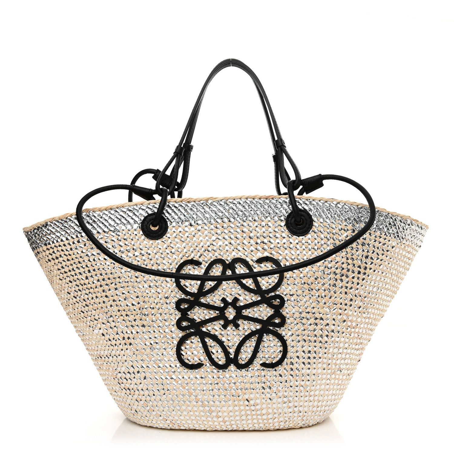 Calfskin Raffia Paulas Ibiza Sparkling Metallic Anagram Basket Tote Bag Natural Silver | FASHIONPHILE (US)