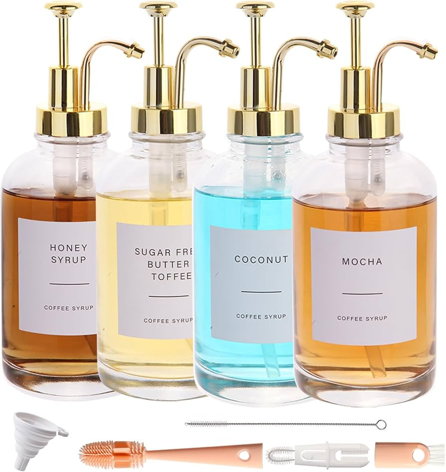 Coffee Syrup Dispenser-4pack,16.9 oz 500ml,Coffee Bar Accessories,Syrup Pump Dispenser for Coffee... | Amazon (US)