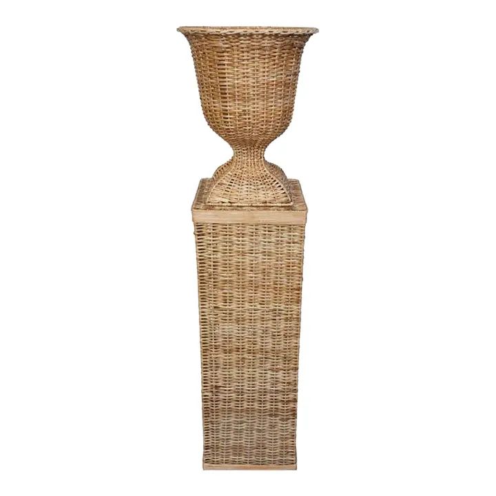 Large Square Wicker Urn and Pedestal | Chairish