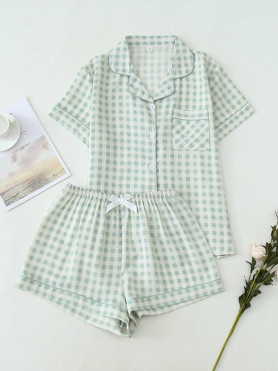 2pcs/Set Women Plaid Print Sleepwear Short Sleeve Buttoned Collar Top And Shorts, Summer Casual P... | SHEIN