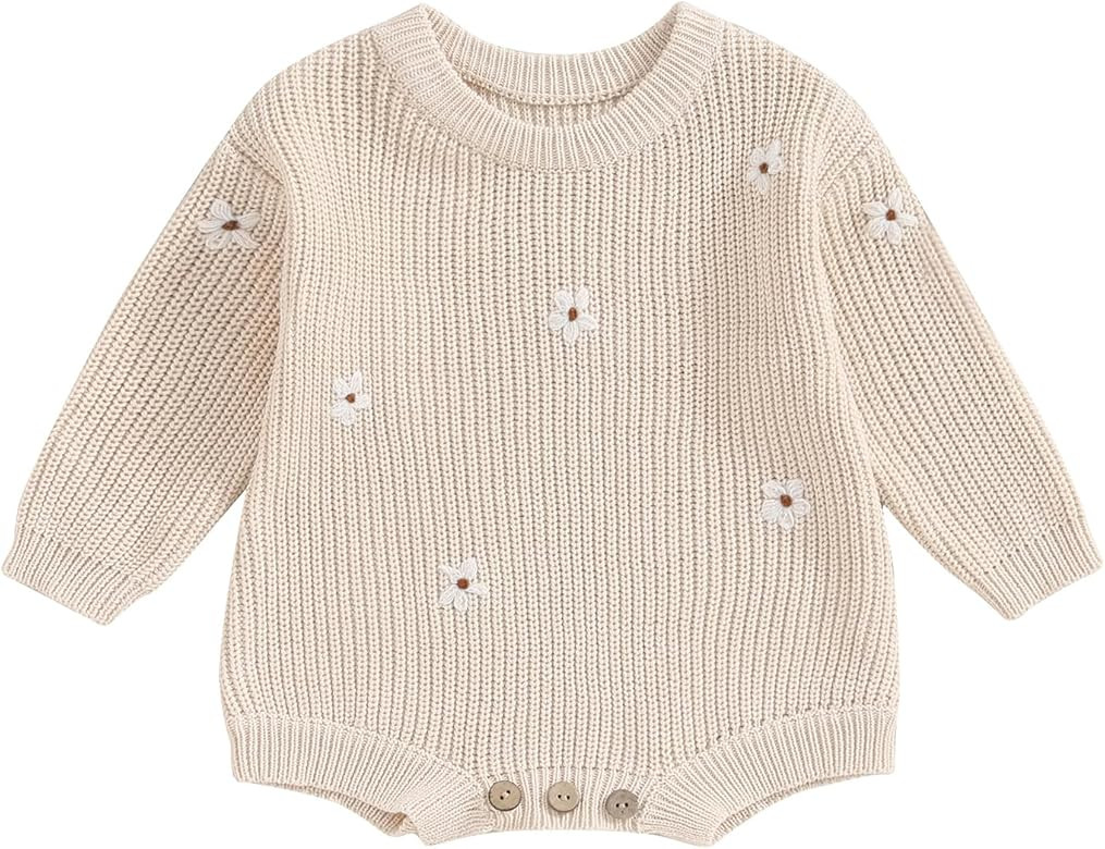 Ursobutegl Newborn Baby Girl Knitted Sweater Romper Long Sleeve Embroidery Floral Onesie Bodysuit... | Amazon (US)