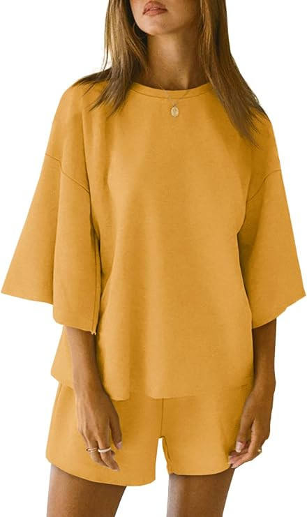 Tankaneo Womens Pajama Sets 3/4 Sleeve Oversized Tops and Elastic Waist Shorts Lounge Sets Lounge... | Amazon (US)