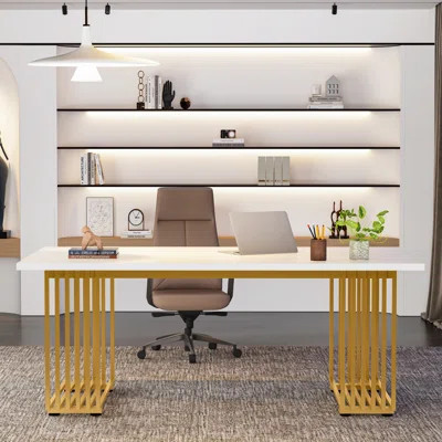 70.9" Modern Office Desk, White Executive Desk With Gold Metal Frame | Wayfair North America