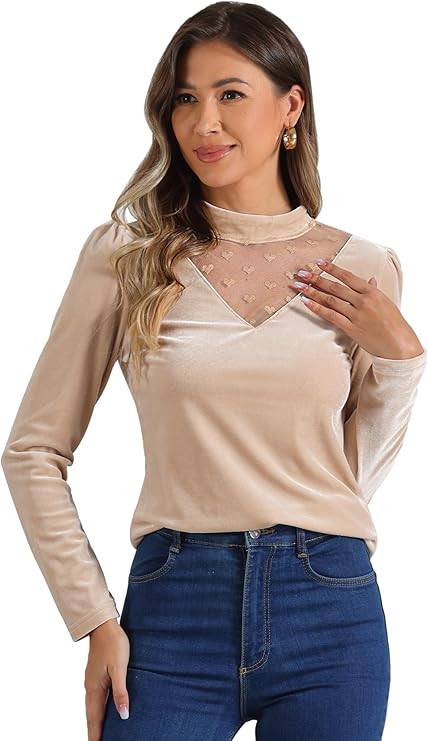 Allegra K Women's Vintage Velvet Mesh Panel Mock Neck Slim Fit Halloween Long Sleeve Tops | Amazon (US)