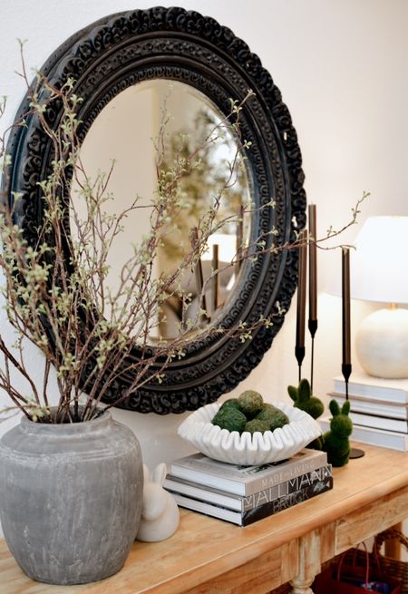 Entryway styling, coffee table books, Entry way, entry table, spring refresh, spring florals, flocked bunny, coffee table book, coffee table styling, round mirror, console table 

#LTKfindsunder100 #LTKhome