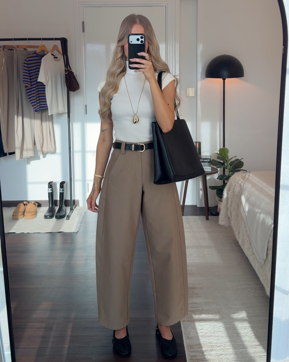 the viral zara barrel pants✨ in the color mid camel🍂 I’m wearing size XS in the pants, size S in the high neck top and size XS in the jacket🫶🏻 I’m 1,70m tall for reference. The ballet flats are true to size and my fav!!!🖤