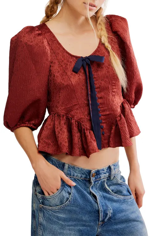 Free People Pamela Embroidered Bow Crop Top in Spiced Rum at Nordstrom, Size Small | Nordstrom