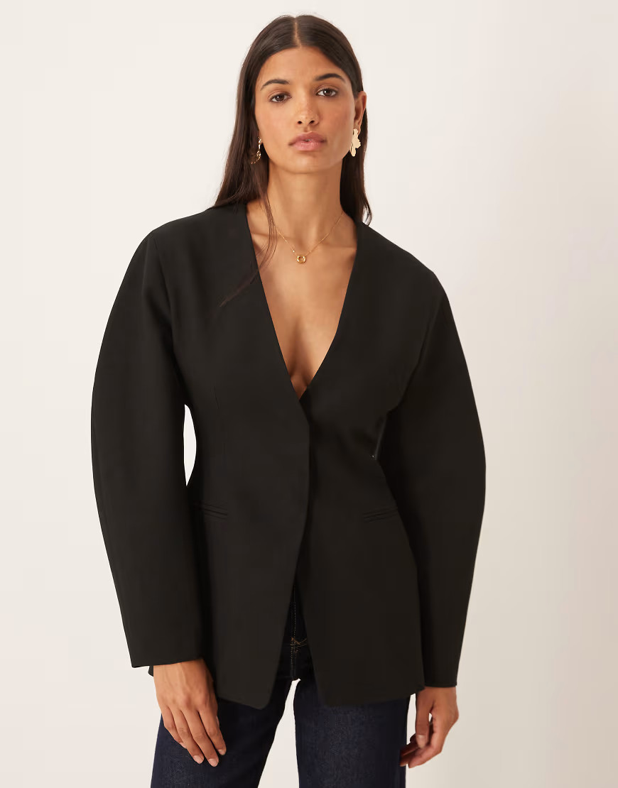 ASOS DESIGN collarless cinched waist blazer in black | ASOS (Global)