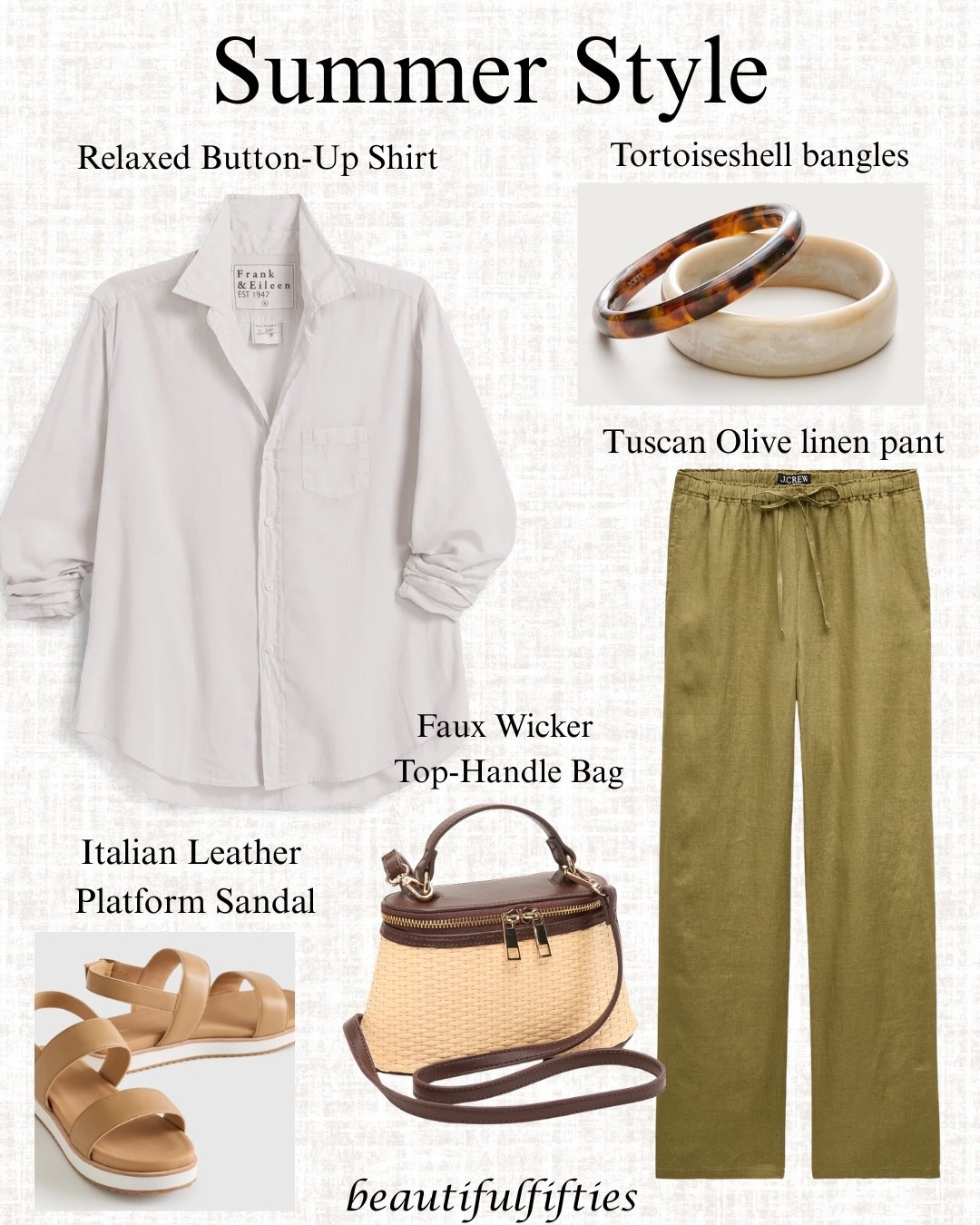 Summer style
Olive pants, white button down shirt, handbag, sandals, bangle bracelets

#LTKootd #LTKOver40 #LTKMidsize